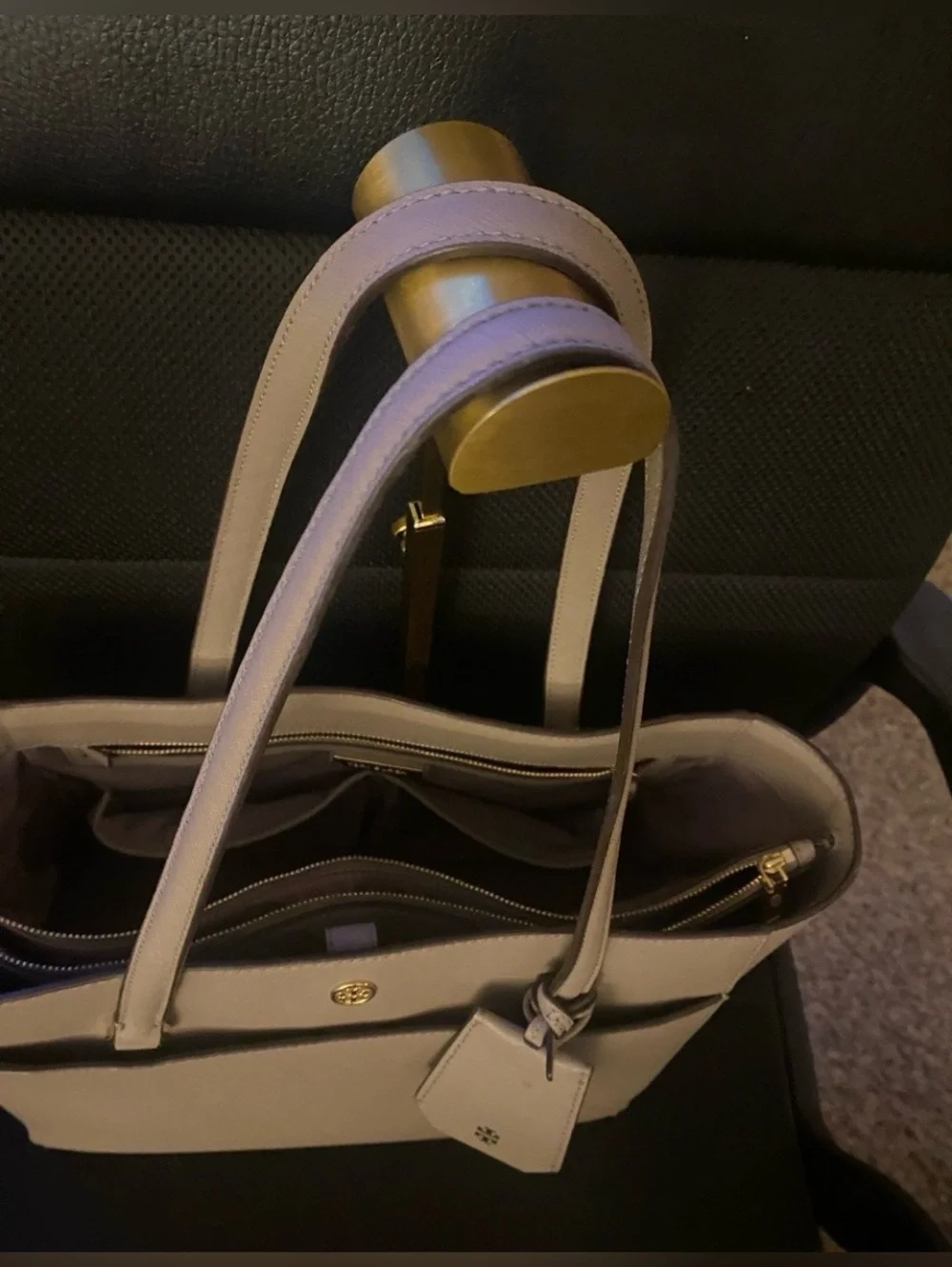 Tory Burch Taupe Saffiano Leather Tote with Logo Charm